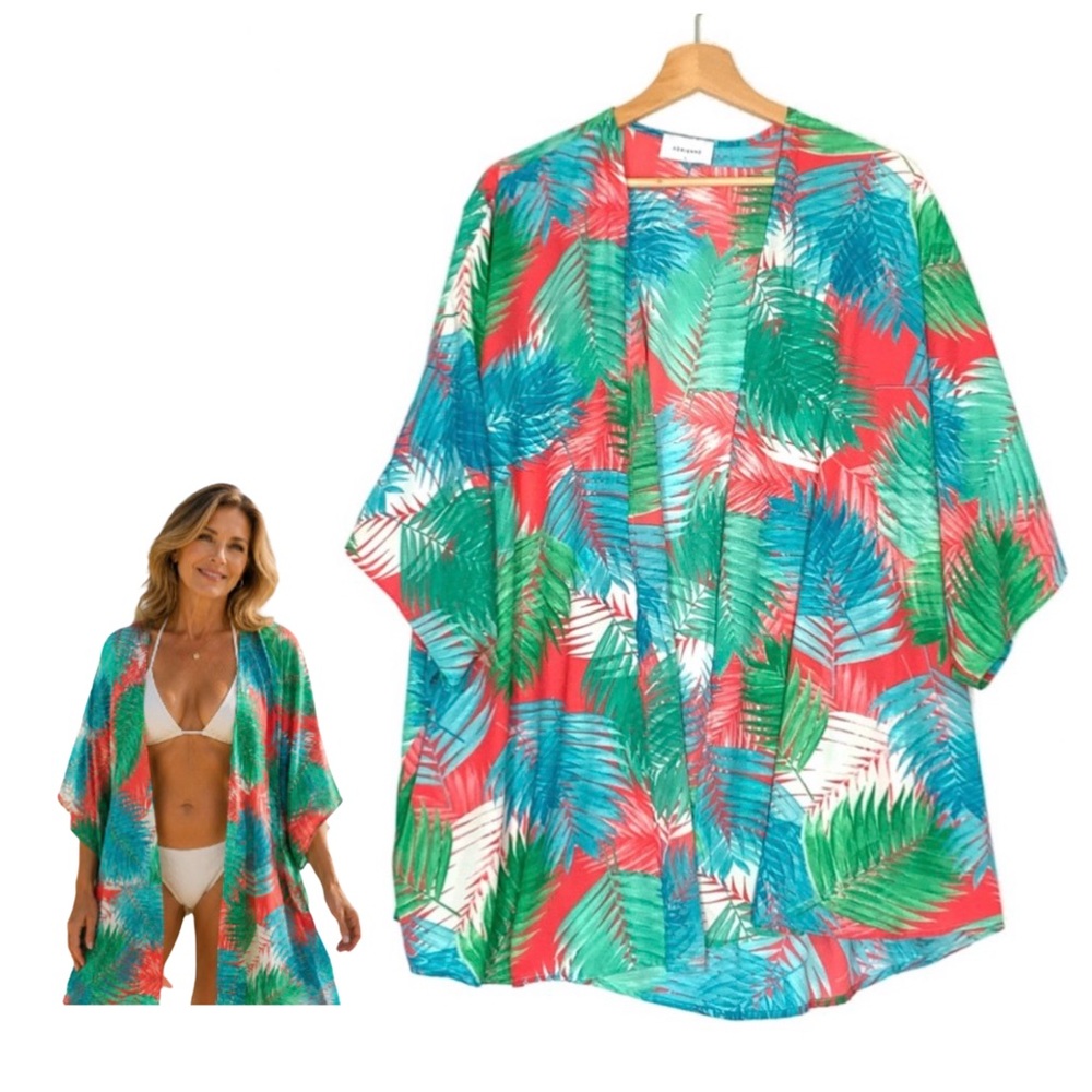 ADRIENNE Floral Print Lightweight Chiffon Kimono Cardigan Loose Fit Beach Large
